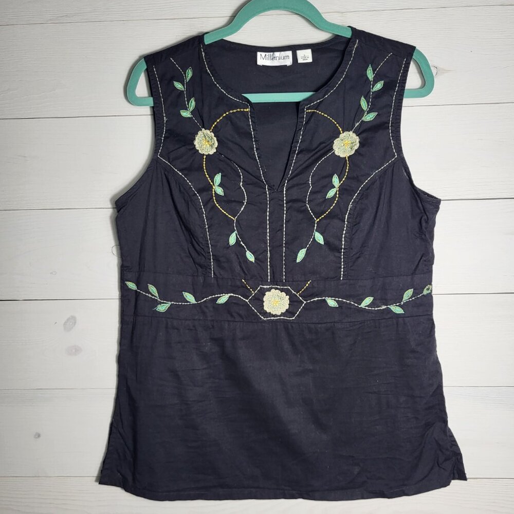 Vintage Millenium Top Floral Embroidered Cotton Sleeveless Tank BOHO.